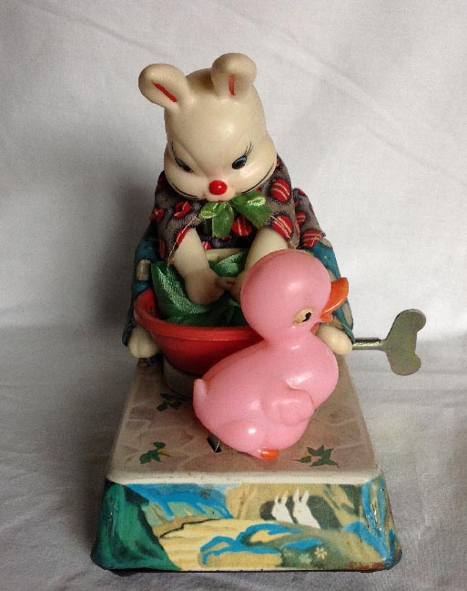 1950's-60's Chinese tinplate washing rabbit and duck clock work wind up toy